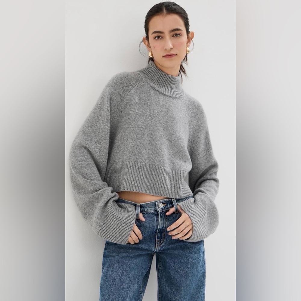 Reformation Garrett Cashmere Cropped Turtleneck Sweater Husky Grey Oversized